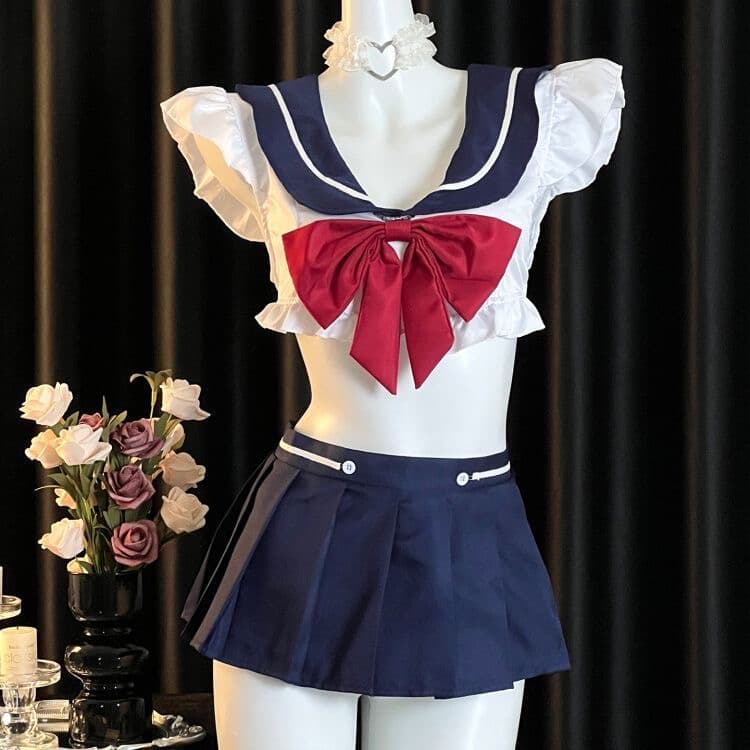 エロコスプレ フリル付きへそ出しセーラー服コスプレ衣装