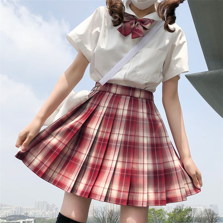 エロコスプレ 学生制服風コスプレセット 赤チェックプリーツスカート蝶ネクタイ付