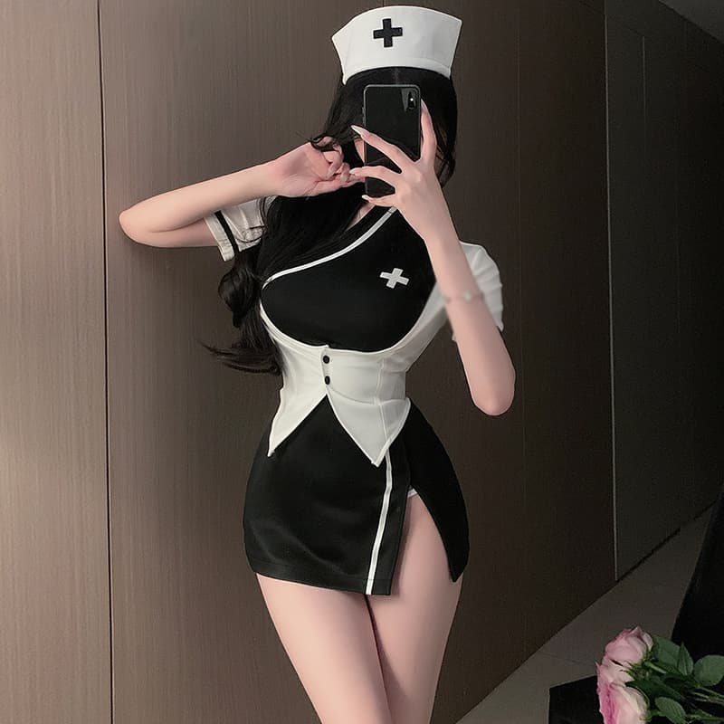 エロコスプレ セクシー黒白ナース服 スリット入りミニワンピース