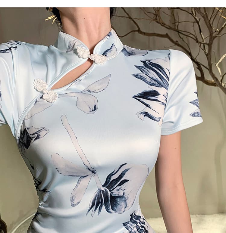 エロコスプレ セクシー花柄チャイナドレス 改良型半袖ワンピース