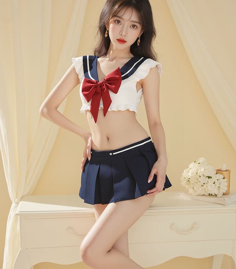 エロコスプレ フリル付きへそ出しセーラー服コスプレ衣装