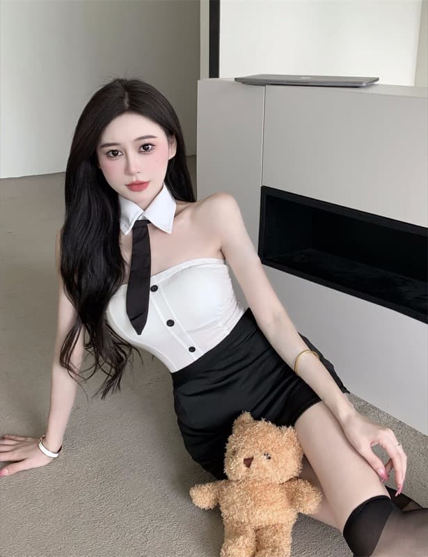 エロコスプレ セクシー制服風チューブトップタイトスカート上下セット