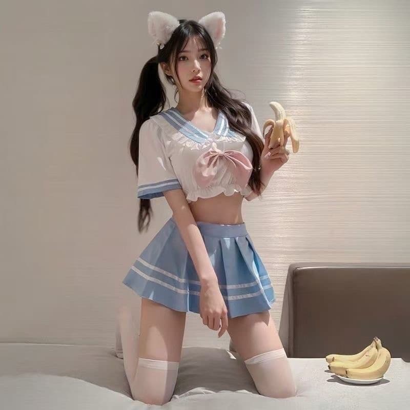 水色セーラー服 猫耳付き エロコスプレ衣装