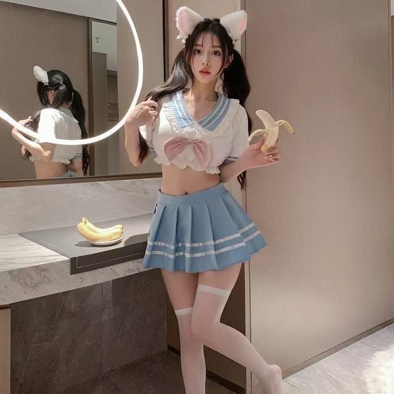 水色セーラー服 猫耳付き エロコスプレ衣装