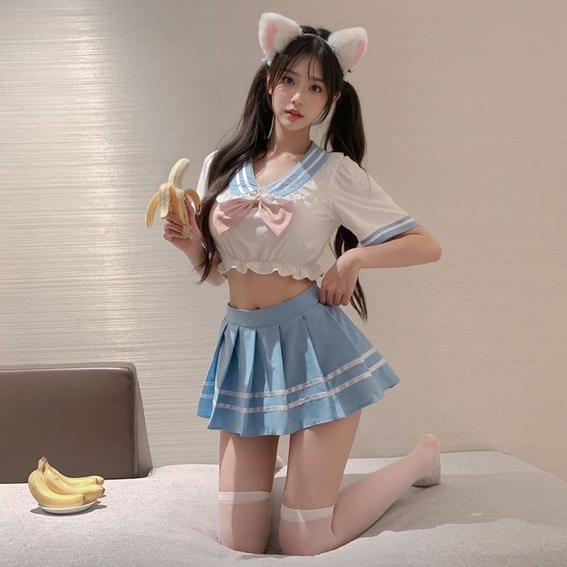 水色セーラー服 猫耳付き エロコスプレ衣装