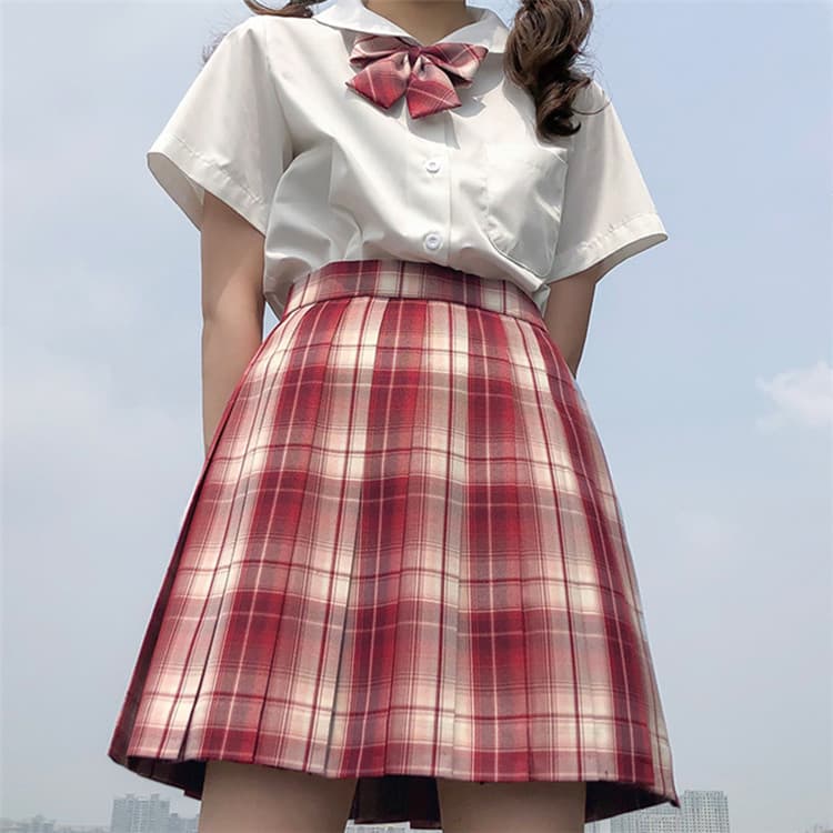 エロコスプレ 学生制服風コスプレセット 赤チェックプリーツスカート蝶ネクタイ付